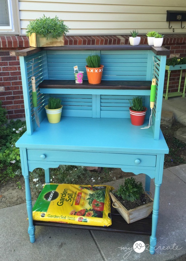 Repurposed shudders and desk into potting bench, MyLove2Create